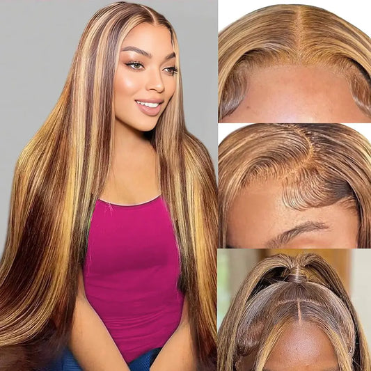 Ombre Lace Front Wig Human Hair 34Inch Honey Blonde Wig Human Hair 13x4 Straight Lace Front Wigs Human Hair Pre Plucked 180% Density Glueless 4/27 Colored Straight Wigs Human Hair Natural Hairline