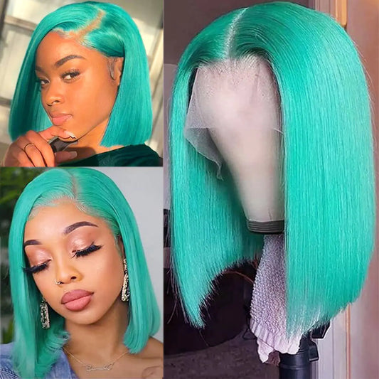 13x4 Wear and Go Glueless Blue Bob Wig Human Hair Lace Front Wigs Pre Plucked with Baby Hair 14 Inch Colored Lake Blue Brazilian Virgin Human Hair HD Transparent Lace Frontal Bob Wigs for Black Women